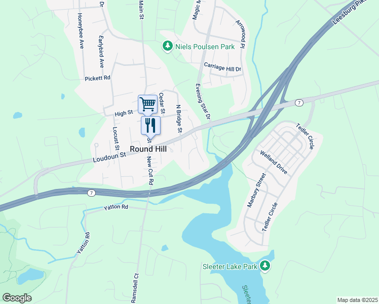 map of restaurants, bars, coffee shops, grocery stores, and more near 17548 Brookville Court in Round Hill