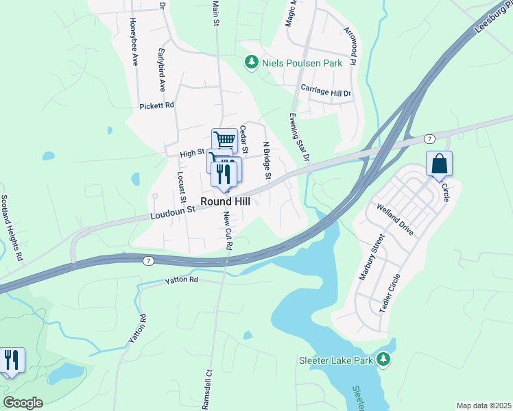 map of restaurants, bars, coffee shops, grocery stores, and more near 11 East Loudoun Street in Round Hill