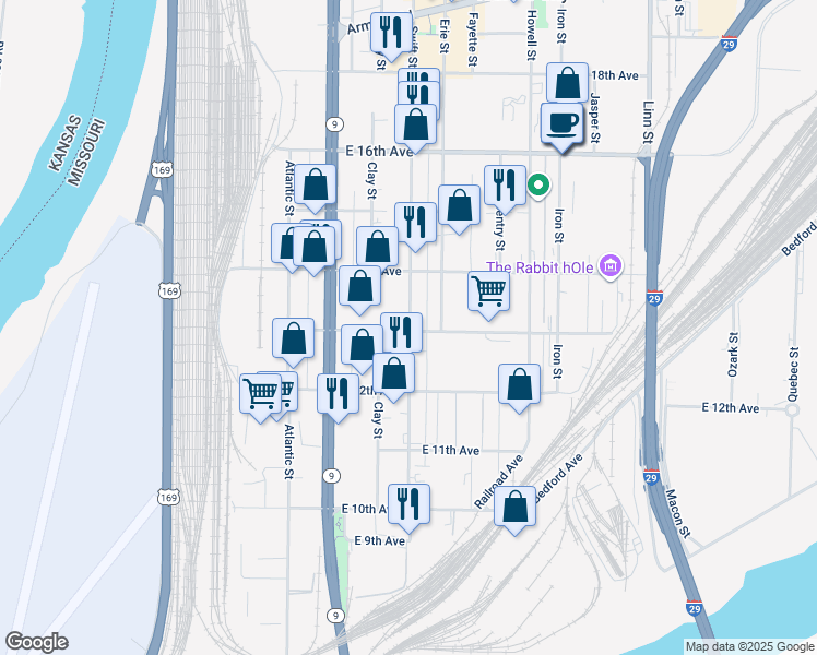 map of restaurants, bars, coffee shops, grocery stores, and more near 1240 Swift Street in North Kansas City