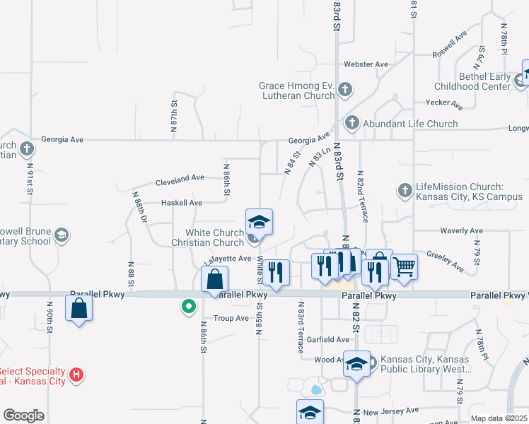 map of restaurants, bars, coffee shops, grocery stores, and more near 2300 North 85 Street in Kansas City