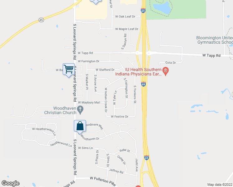 map of restaurants, bars, coffee shops, grocery stores, and more near 3611 West Tyler Lane in Bloomington