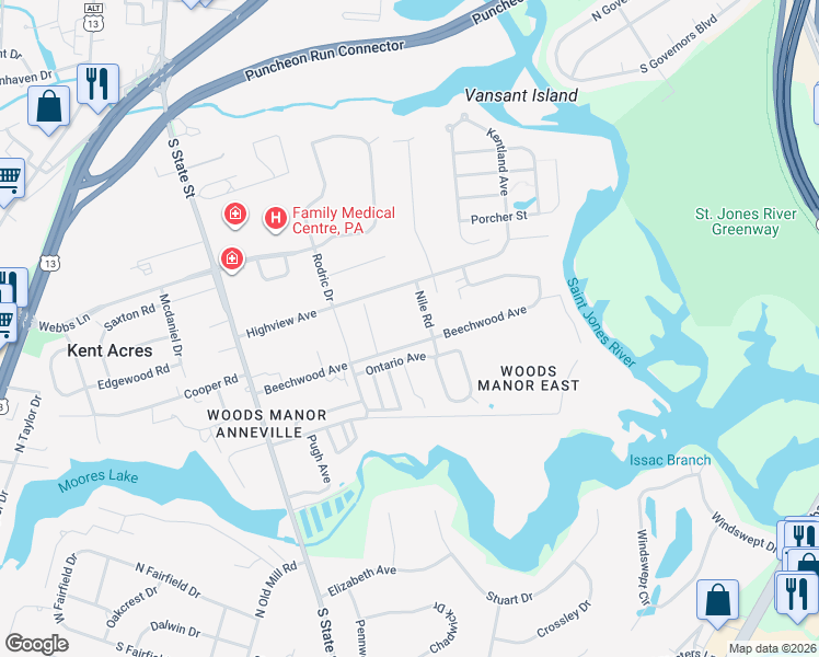 map of restaurants, bars, coffee shops, grocery stores, and more near 161 Beechwood Avenue in Dover