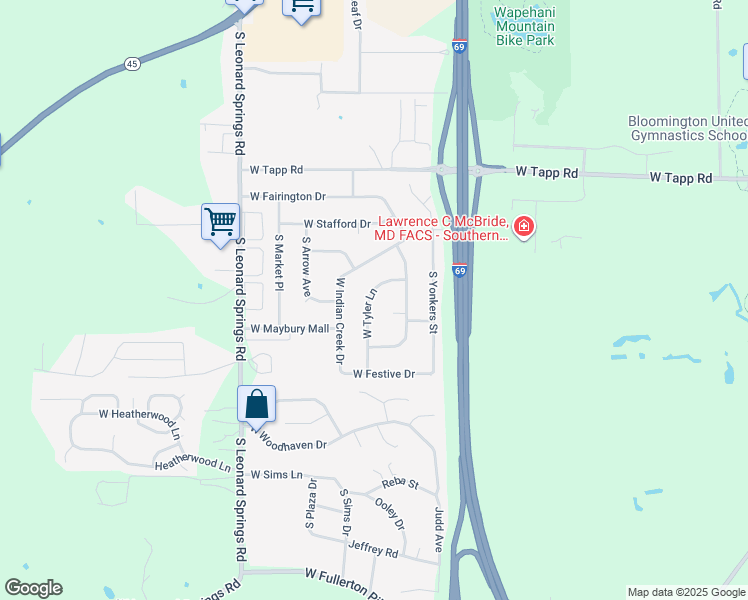 map of restaurants, bars, coffee shops, grocery stores, and more near 3711 West Tyler Lane in Bloomington