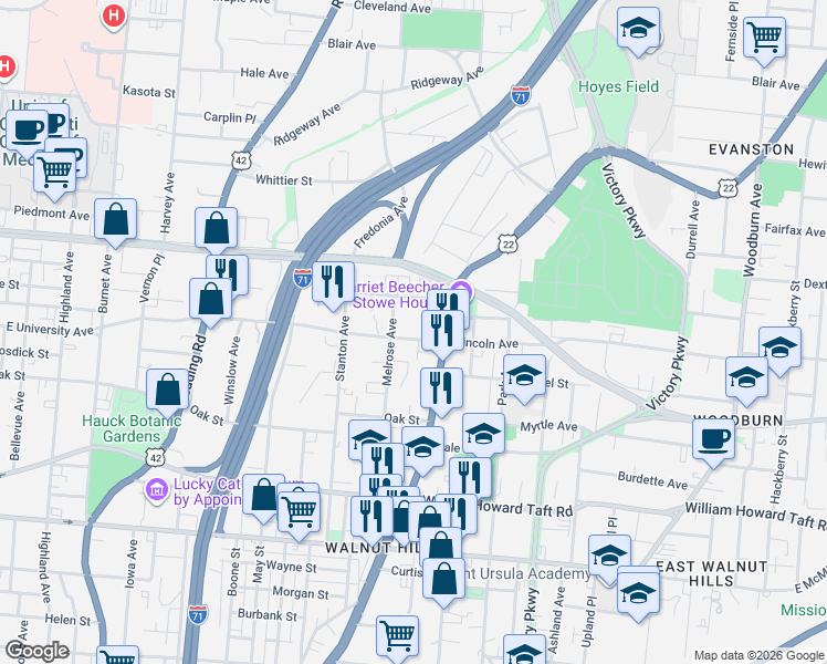 map of restaurants, bars, coffee shops, grocery stores, and more near 857 Lincoln Avenue in Cincinnati