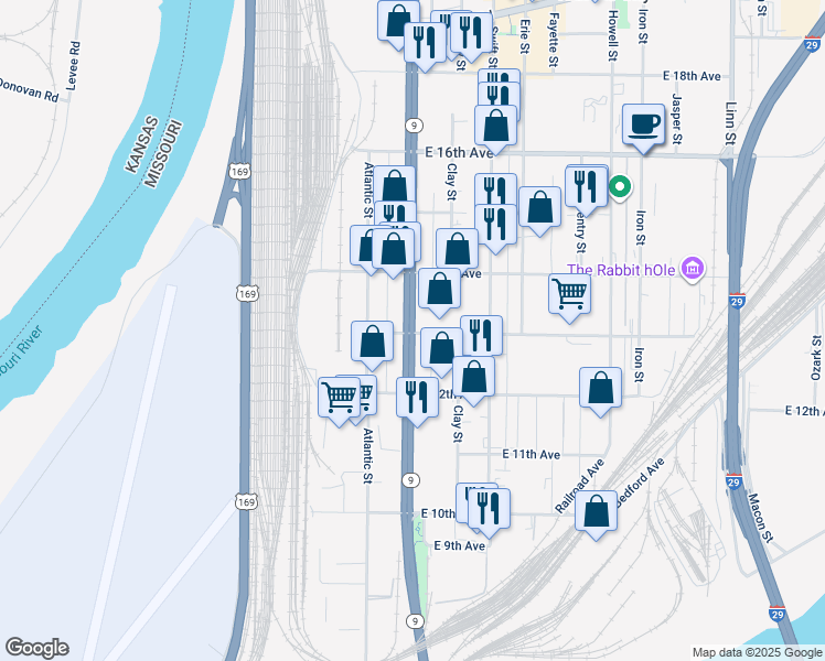 map of restaurants, bars, coffee shops, grocery stores, and more near 1301 Burlington Street in North Kansas City