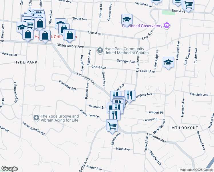 map of restaurants, bars, coffee shops, grocery stores, and more near in Cincinnati
