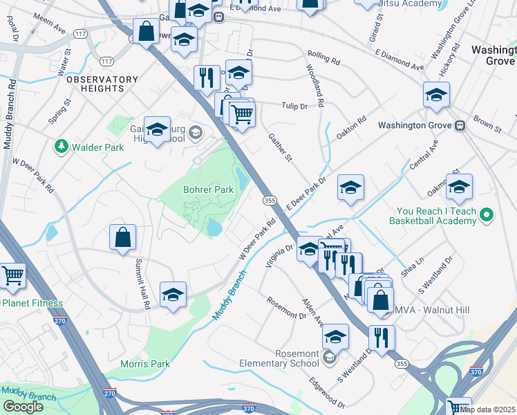 map of restaurants, bars, coffee shops, grocery stores, and more near 17 Barkley Lane in Gaithersburg