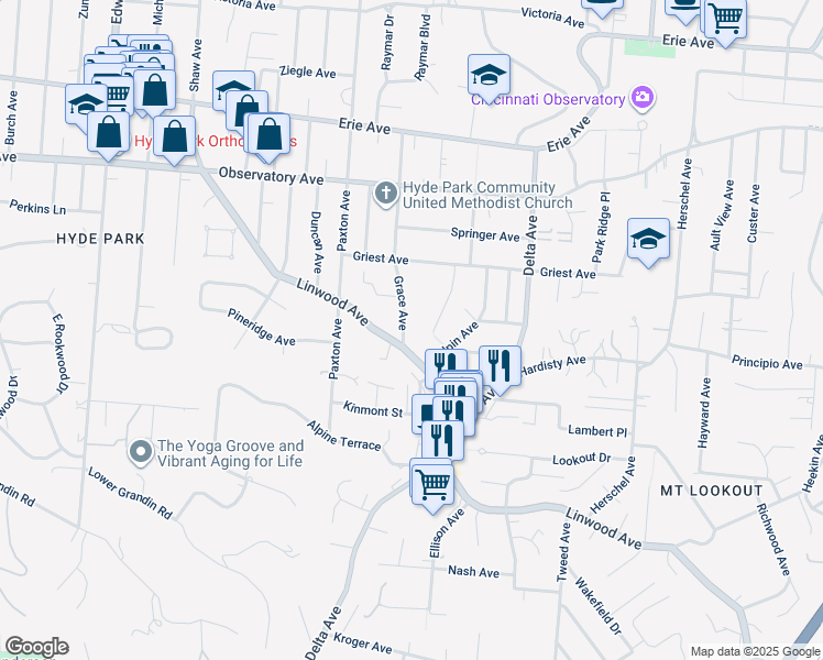 map of restaurants, bars, coffee shops, grocery stores, and more near in Cincinnati