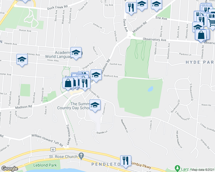 map of restaurants, bars, coffee shops, grocery stores, and more near 2180 Grandin Road in Cincinnati