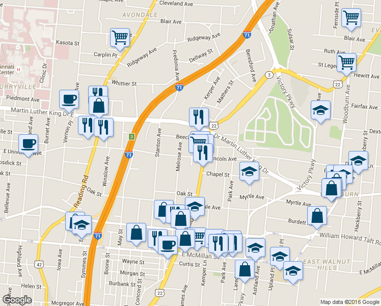 map of restaurants, bars, coffee shops, grocery stores, and more near 857 Lincoln Avenue in Cincinnati