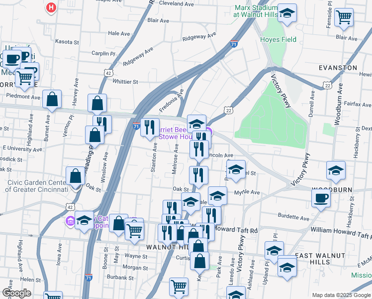 map of restaurants, bars, coffee shops, grocery stores, and more near 857 Lincoln Avenue in Cincinnati