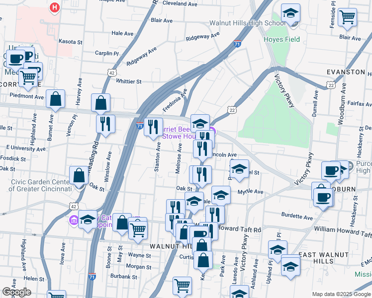 map of restaurants, bars, coffee shops, grocery stores, and more near 857 Lincoln Avenue in Cincinnati