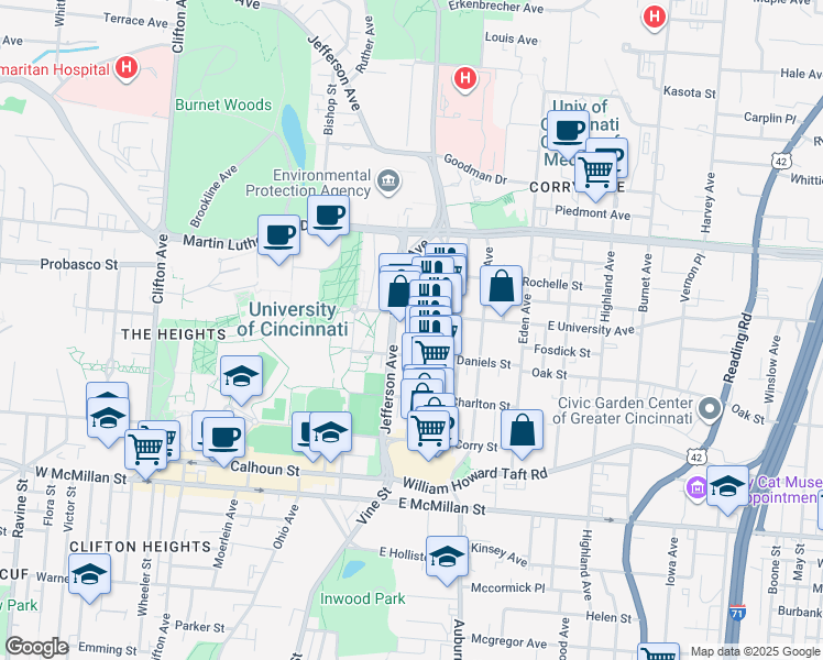map of restaurants, bars, coffee shops, grocery stores, and more near 2809 Glendora Avenue in Cincinnati