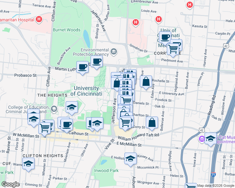map of restaurants, bars, coffee shops, grocery stores, and more near 2809 Glendora Avenue in Cincinnati