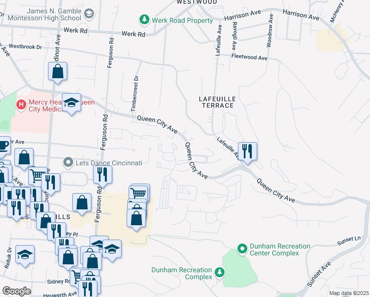 map of restaurants, bars, coffee shops, grocery stores, and more near 2702 East Tower Drive in Cincinnati