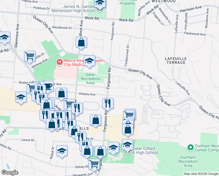 map of restaurants, bars, coffee shops, grocery stores, and more near 2474 Ferguson Road in Cincinnati
