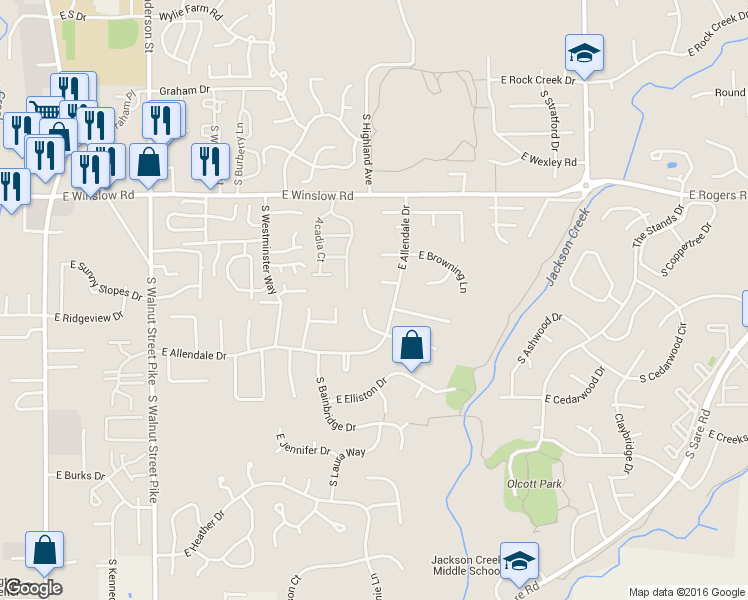 map of restaurants, bars, coffee shops, grocery stores, and more near 3510 South Allendale Drive in Bloomington