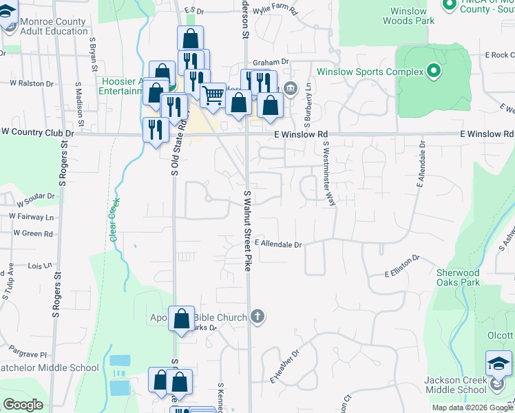 map of restaurants, bars, coffee shops, grocery stores, and more near 703 East Wellington Court in Bloomington