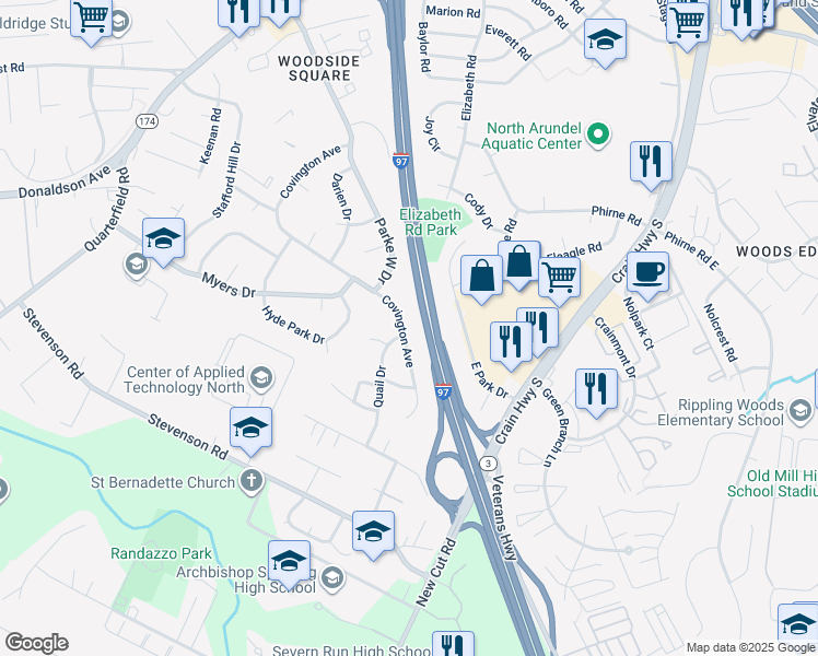 map of restaurants, bars, coffee shops, grocery stores, and more near 7983 Covington Avenue in Glen Burnie