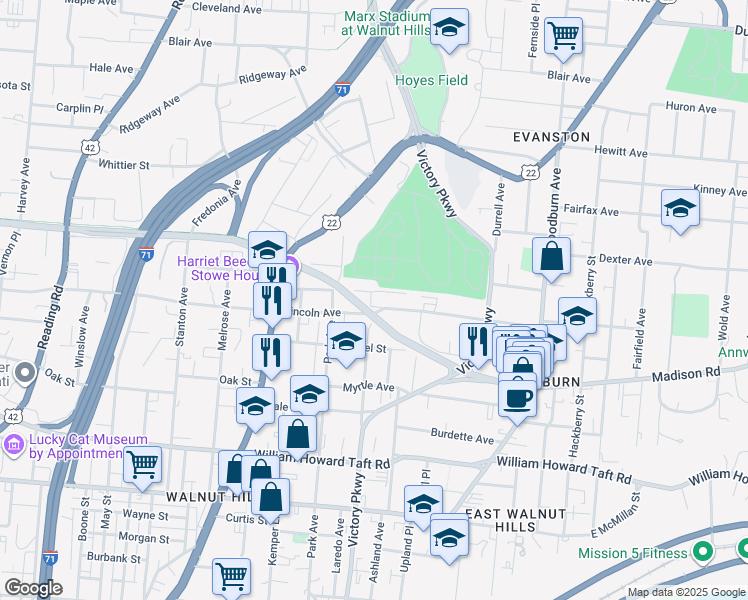 map of restaurants, bars, coffee shops, grocery stores, and more near 1219 Lincoln Avenue in Cincinnati