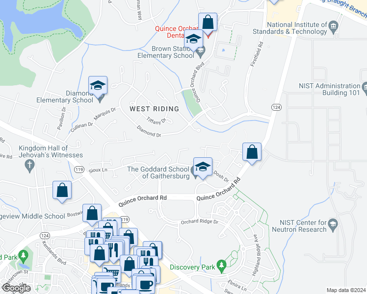 map of restaurants, bars, coffee shops, grocery stores, and more near 36 Landsend Drive in Gaithersburg