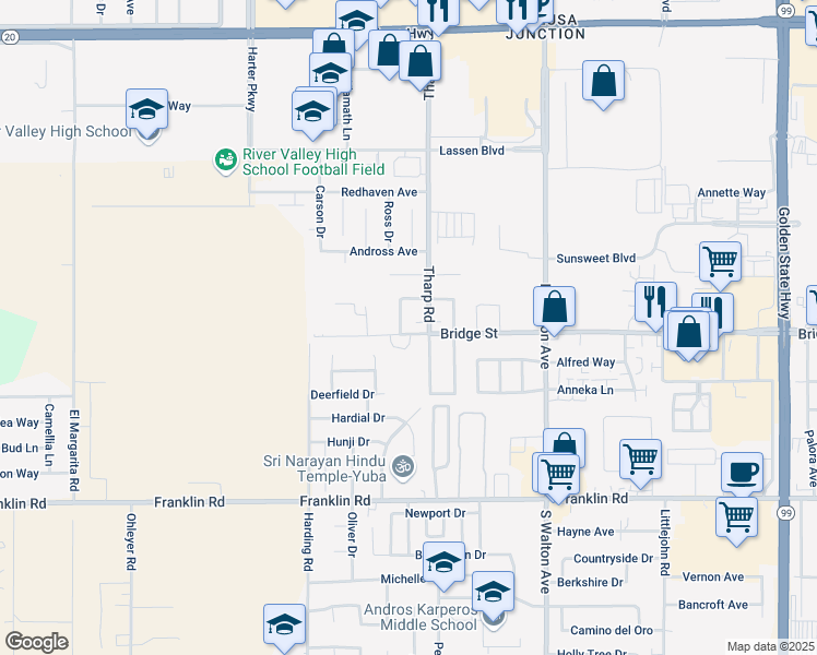 map of restaurants, bars, coffee shops, grocery stores, and more near 1838 Bridge Street in Yuba City