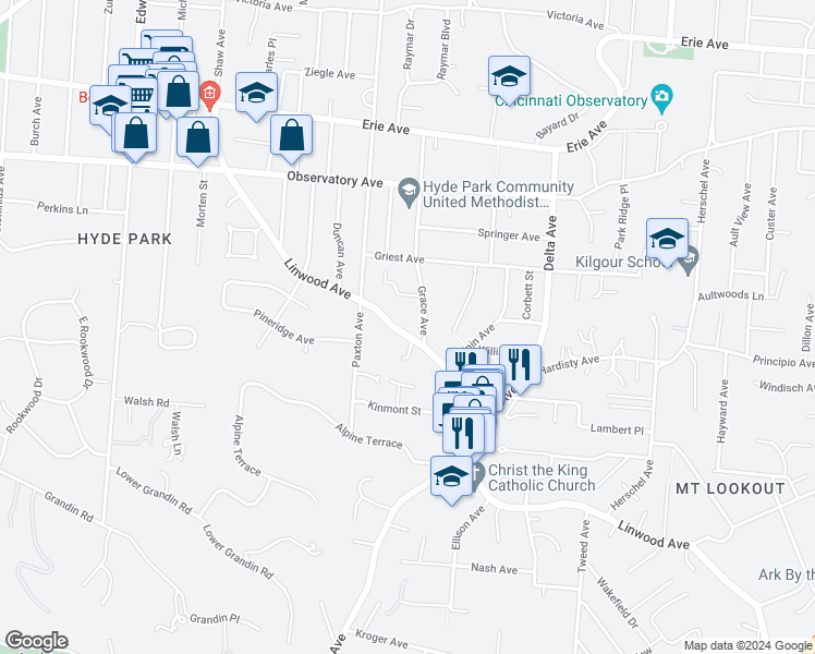 map of restaurants, bars, coffee shops, grocery stores, and more near 3000 Linwood Avenue in Cincinnati