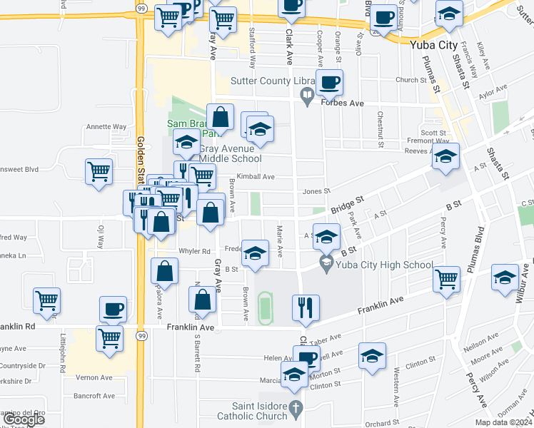 map of restaurants, bars, coffee shops, grocery stores, and more near 643 Hughes Avenue in Yuba City