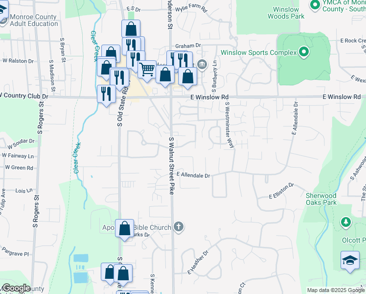 map of restaurants, bars, coffee shops, grocery stores, and more near 703 East Wellington Court in Bloomington