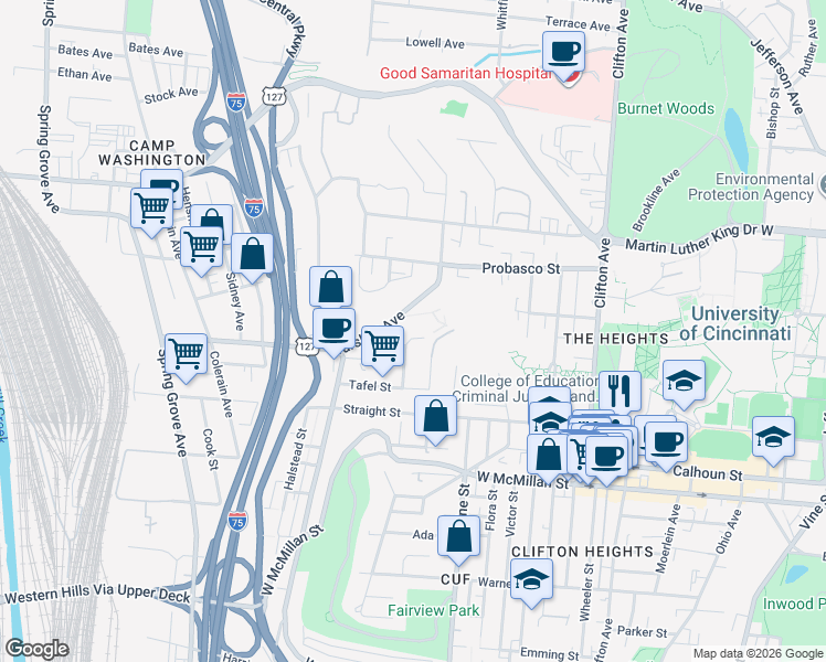 map of restaurants, bars, coffee shops, grocery stores, and more near 2753 Enslin Street in Cincinnati