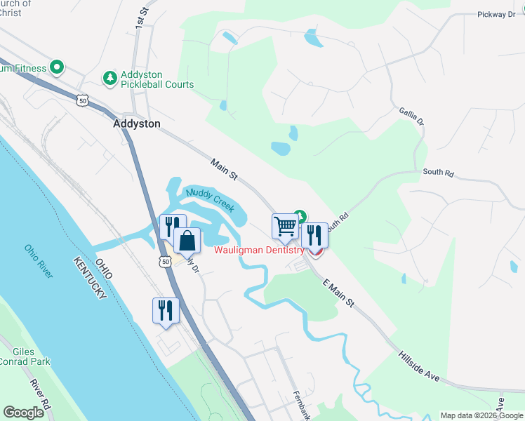 map of restaurants, bars, coffee shops, grocery stores, and more near 1 Main Street in Addyston