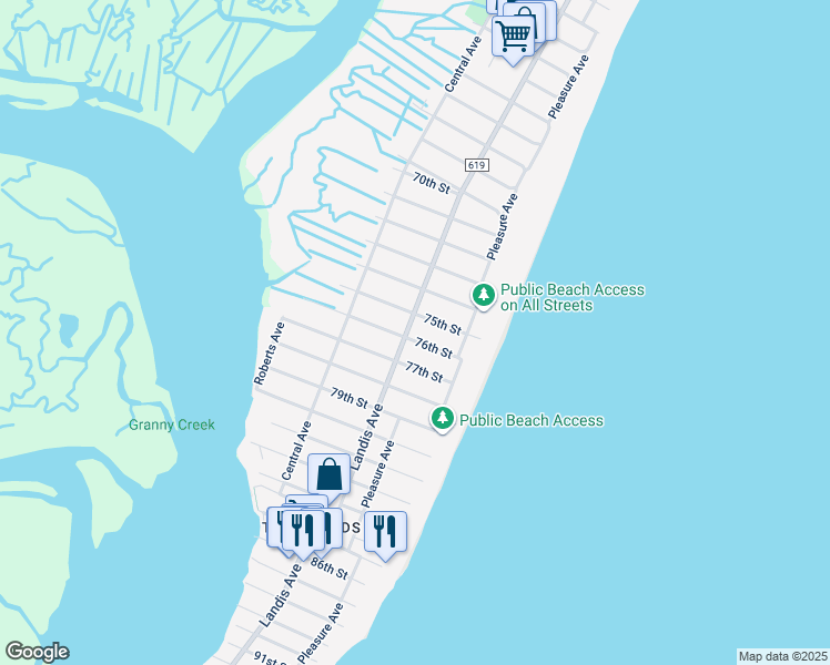 map of restaurants, bars, coffee shops, grocery stores, and more near 38 76th Street in Sea Isle City
