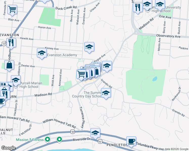 map of restaurants, bars, coffee shops, grocery stores, and more near 2025 Madison Road in Cincinnati