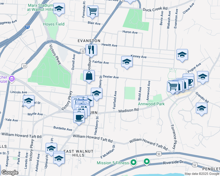 map of restaurants, bars, coffee shops, grocery stores, and more near 3009 Fairfield Avenue in Cincinnati