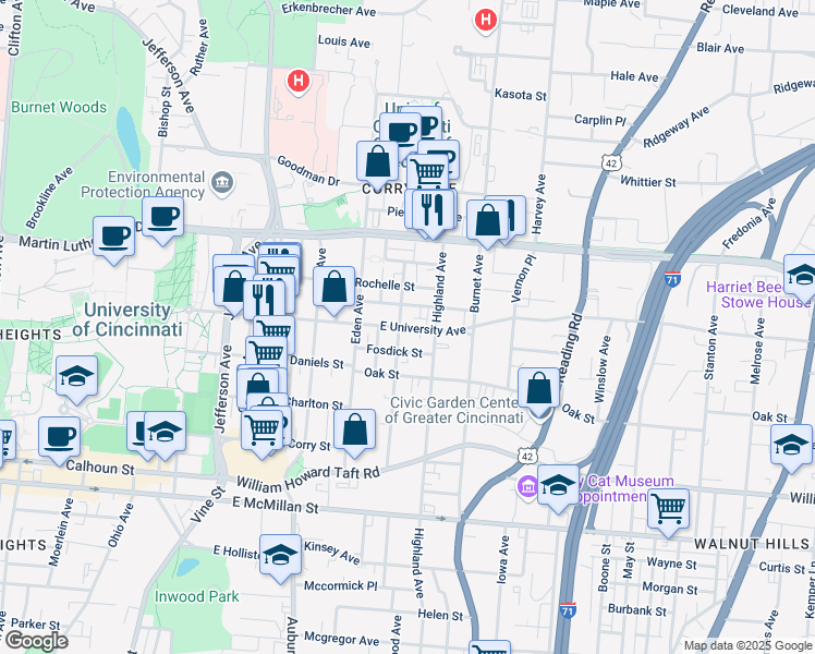 map of restaurants, bars, coffee shops, grocery stores, and more near 230 Fosdick Street in Cincinnati