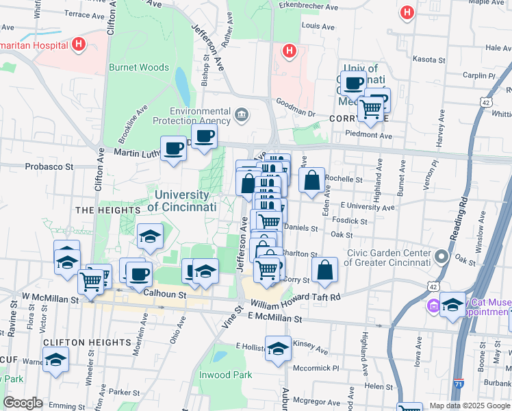 map of restaurants, bars, coffee shops, grocery stores, and more near 2809 Glendora Avenue in Cincinnati