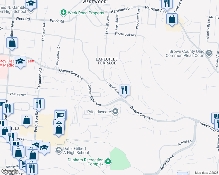 map of restaurants, bars, coffee shops, grocery stores, and more near 2587 Lafeuille Avenue in Cincinnati