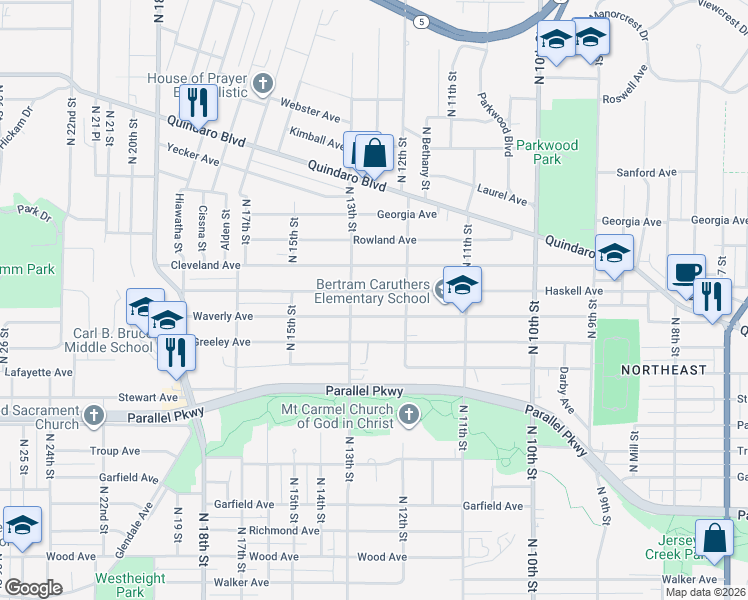map of restaurants, bars, coffee shops, grocery stores, and more near 2211 North 13th Street in Kansas City