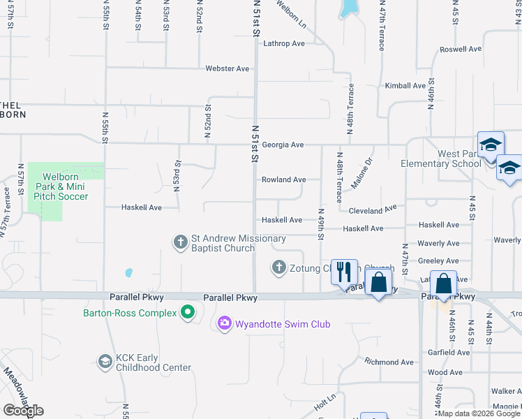 map of restaurants, bars, coffee shops, grocery stores, and more near 5047 Haskell Avenue in Kansas City