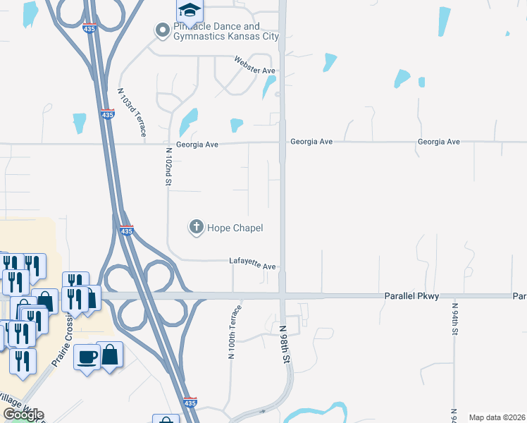 map of restaurants, bars, coffee shops, grocery stores, and more near 2318 North 100th Street in Kansas City