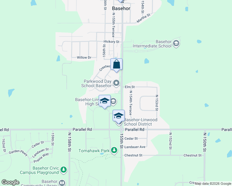 map of restaurants, bars, coffee shops, grocery stores, and more near 2108 155th Street in Basehor