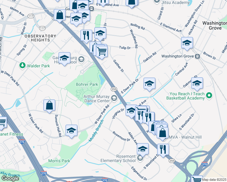 map of restaurants, bars, coffee shops, grocery stores, and more near 558 South Frederick Avenue in Gaithersburg