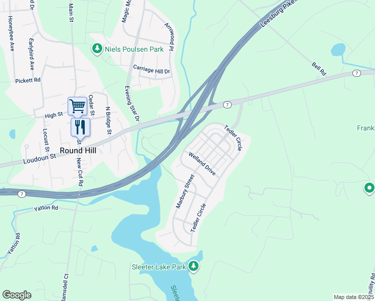 map of restaurants, bars, coffee shops, grocery stores, and more near 36034 Welland Drive in Round Hill