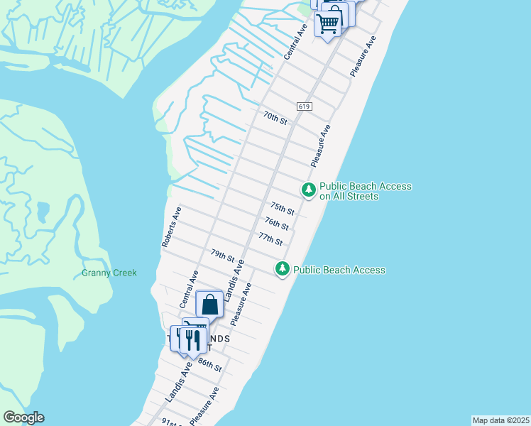 map of restaurants, bars, coffee shops, grocery stores, and more near 7511 Landis Avenue in Sea Isle City
