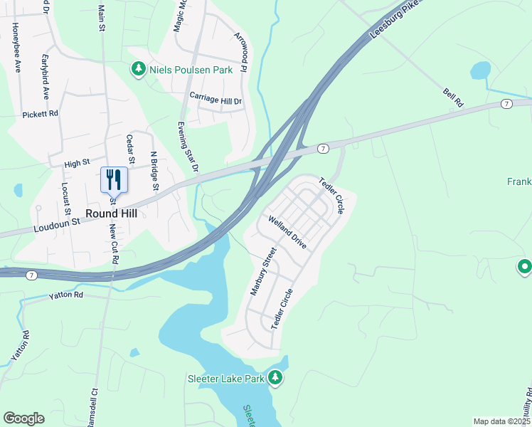 map of restaurants, bars, coffee shops, grocery stores, and more near 36034 Welland Drive in Round Hill