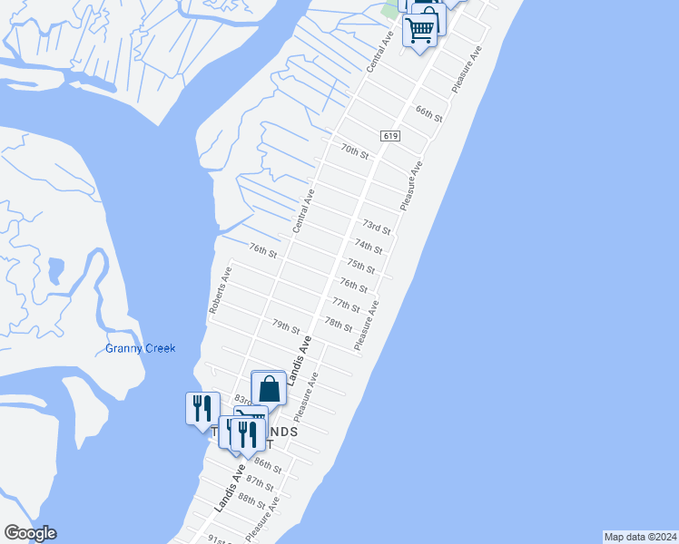 map of restaurants, bars, coffee shops, grocery stores, and more near 7511 Landis Avenue in Sea Isle City
