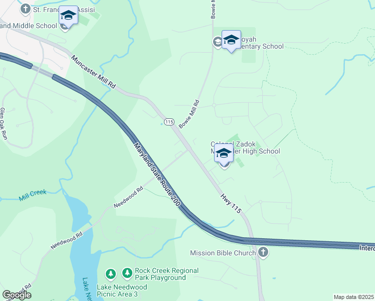 map of restaurants, bars, coffee shops, grocery stores, and more near 6020b Needwood Road in Derwood