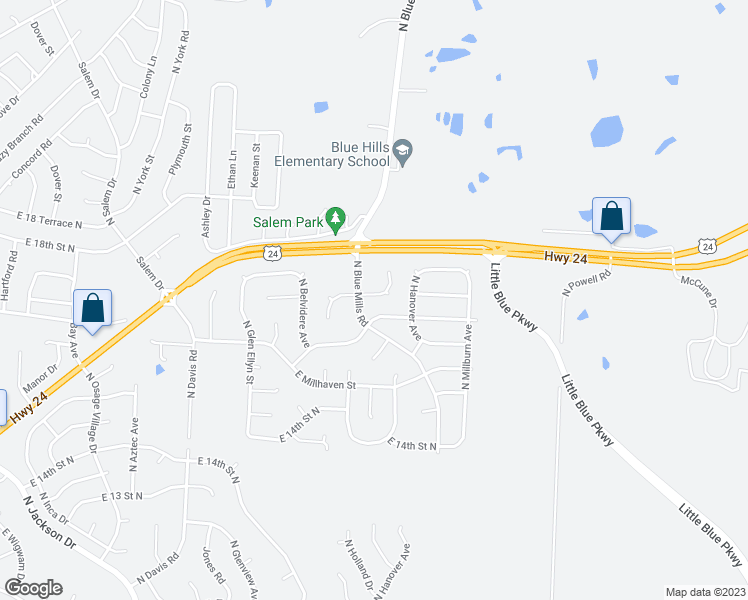 map of restaurants, bars, coffee shops, grocery stores, and more near 20205 East 17th Street Court North in Independence