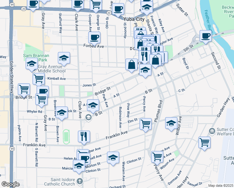 map of restaurants, bars, coffee shops, grocery stores, and more near 536 Hawthorne Street in Yuba City