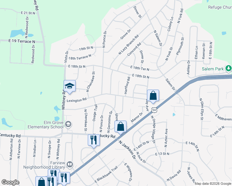 map of restaurants, bars, coffee shops, grocery stores, and more near 1600 Concord Court in Independence